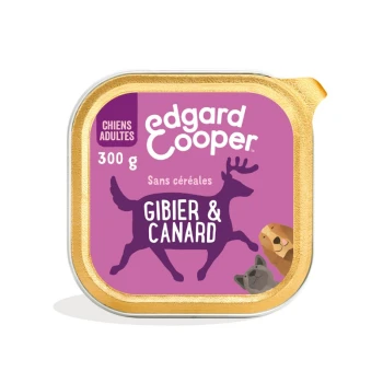 Emballage de nourriture pour chien Edgard Cooper, 300g, avec un fond violet et le texte 'Gibier & Canard', et des illustrations d'un cerf et d'animaux.