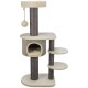 Katzenbaum mit mehreren Ebenen, einem gemütlichen Versteck und einem baumelnden Ballspielzeug, mit weichem beige- und graufarbenem Stoff.