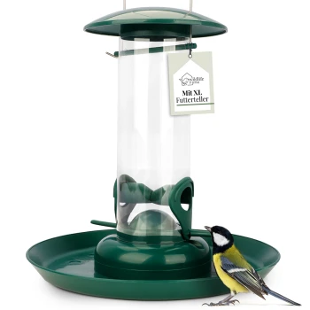 Futtersäule mit XL Futterteller Ein grüner Vogelfutterspender mit einem transparenten Rohr und einer XL-Futterplatte, begleitet von einem bunten Kohlmeisenvogel an der Basis.