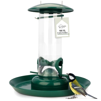 Ein grüner Vogelfutterspender mit einem transparenten Rohr und einer XL-Futterplatte, begleitet von einem bunten Kohlmeisenvogel an der Basis.