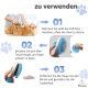 Infografik einer Person, die eine flauschige orange Katze mit einer blauen Bürste pflegt. Schritte: kämmen, Knopf drücken, um Haare freizugeben, Haare entfernen. Text auf Deutsch.