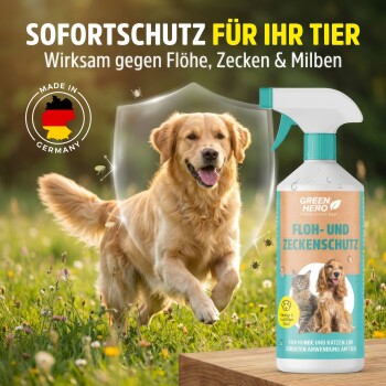 Eine "GREEN HERO"-Sprühflasche auf einem türkisfarbenen Hintergrund, mit einem Kätzchen und einem Welpen, gekennzeichnet für Floh- und Zeckenschutz.