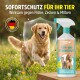 Eine "GREEN HERO"-Sprühflasche auf einem türkisfarbenen Hintergrund, mit einem Kätzchen und einem Welpen, gekennzeichnet für Floh- und Zeckenschutz.