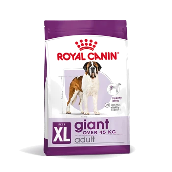 Royal Canin XL Giant Hundefutterbeutel für erwachsene Hunde über 45 kg, mit einer Abbildung eines Bernhardiners und Ansprüchen auf gesunde Gelenke und Vitalitätsunterstützung.