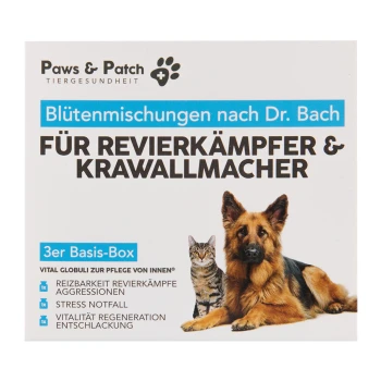 Paws & Patch Haustiergesundheitsproduktbox mit einem Deutschen Schäferhund und einer Katze, beschriftet mit "Blütenmischungen nach Dr. Bach für Revierkämpfer & Krawallmacher."