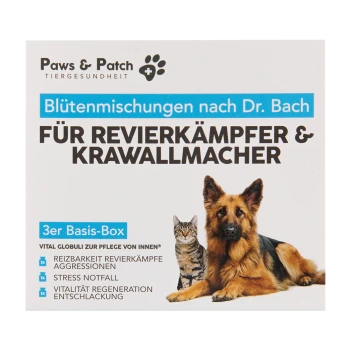 Paws & Patch Haustiergesundheitsproduktbox mit einem Deutschen Schäferhund und einer Katze, beschriftet mit "Blütenmischungen nach Dr. Bach für Revierkämpfer & Krawallmacher."