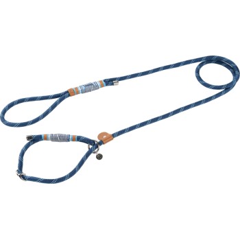 Navy blue dog leash with a striped handle, featuring a loop for the hand and a clip for attaching to a collar.