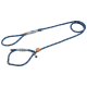 Navy blue dog leash with a striped handle, featuring a loop for the hand and a clip for attaching to a collar.