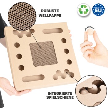 Papp-Haustierspielzeug mit integriertem Spieltrack, ausgestattet mit robustem Wellpappe und einem Holzball, auf Deutsch beschriftet.