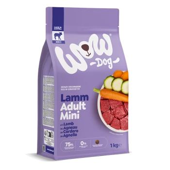 Violetter WOW Dog Lamm Adult Mini 1-kg-Beutel zeigt rohes Lamm, Karotten und Zucchini; sichtbare Kennzeichnungen „Made in Austria“, „75%“, „0%“.