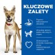 Pies z czerwoną obrożą stoi po lewej, z niebieskim tekstem po prawej, wymieniając korzyści: "Pyszne, łatwe do strawienia, wysokiej jakości białko, zrównoważone minerały."
