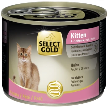 Eine Dose Select Gold Kittenfutter mit einem flauschigen orangefarbenen Kätzchen auf dem Etikett, beschriftet mit "Huhn" und "Getreidefreie Formel."