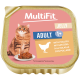 MultiFit Katzenfutter‑Schale (gold) mit orangegetigerter Katze, Teller mit Geflügelgelee, Aufschriften „JELLY“ und „ADULT 1+“