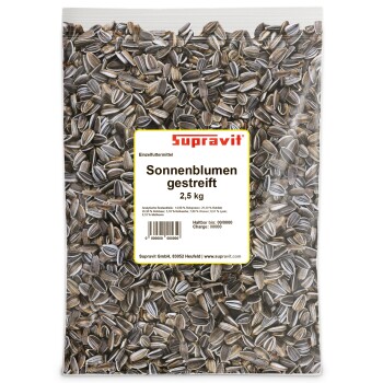 Nahaufnahme von schwarz-weiß gestreiften Sonnenblumenkernen, einige mit aufgebrochenen Schalen, aus einem Online-Tierfachgeschäft.
