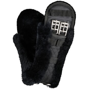 Schwarze Haustierpflegehandschuhe mit weichem, flauschigem Innenfutter und verstellbaren Riemen, entworfen für einen bequemen Gebrauch.