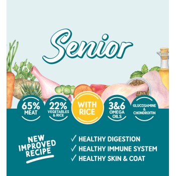 Senior pet food label with 65% meat, 22% vegetables & rice, omega oils, glucosamine, and benefits for digestion, immunity, and skin.