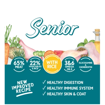 Senior pet food label with 65% meat, 22% vegetables & rice, omega oils, glucosamine, and benefits for digestion, immunity, and skin.