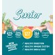 Senior pet food label with 65% meat, 22% vegetables & rice, omega oils, glucosamine, and benefits for digestion, immunity, and skin.