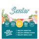 Senior pet food label with 65% meat, 22% vegetables & rice, omega oils, glucosamine, and benefits for digestion, immunity, and skin.
