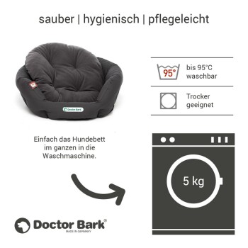 Schwarzes Doctor Bark Hundebett, waschbar bis 95 °C, trocknergeeignet, passend für 5 kg Waschmaschinenladung, hygienisch und pflegeleicht.