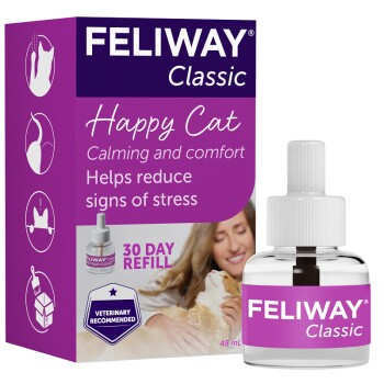 FELIWAY Classic Happy Cat calming solution, 48 mL bottle, claims to help reduce signs of stress in cats, with a 30-day refill.