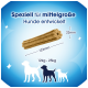 Kauknochen-Leckerli für mittelgroße Hunde 12-25 kg, 123 mm lang und 22 mm dick, mit deutschem Text auf blauem Hintergrund.