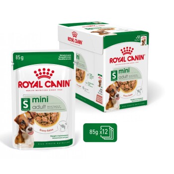 Royal Canin mini volwassen hondenvoer in een zak van 85g, met een hond op de voorkant, met een doos die 12 zakken bevat.