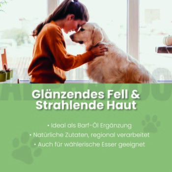 Alphazoo's Premium Lachsöl in einer schwarzen Flasche mit einem Pfotenabdruck fördert glänzendes Fell für Haustiere und hebt Nachhaltigkeit und niedrigen TOTOX-Wert hervor.