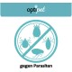 Logo von "optipet" mit einer Grafik, die verschiedene Schädlinge (Zecken, Flöhe, Milben) durchgestrichen zeigt, und dem Text "gegen Parasiten" darunter.