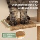 Pfoten einer getigerten Katze auf einer Sisal-Katzenplattform; sichtbare deutsche Beschriftungen: 'Extra breit' und 'Rutschfeste Treppen'.