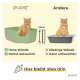 Zwei Katzenstreu-Boxen: eine grüne mit hohen Wänden (22 cm) beschriftet "Hohe Wände" und eine graue mit niedrigen Wänden beschriftet "Niedrige Wände."