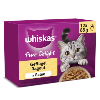 Lila Whiskas 'Pure Delight' Katzenfutterbox mit silberner getigerter Katze, Aufschrift 'Geflügel Ragout in Gelee' und Packungsgröße '12 x 85 g'.