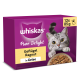 Lila Whiskas 'Pure Delight' Katzenfutterbox mit silberner getigerter Katze, Aufschrift 'Geflügel Ragout in Gelee' und Packungsgröße '12 x 85 g'.