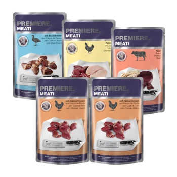Cinq sachets de nourriture pour animaux PREMIERE MEATI présentant diverses options de viande : cœurs de canard, cœurs de poulet et bœuf, avec une étiquette "pour les amateurs de viande".