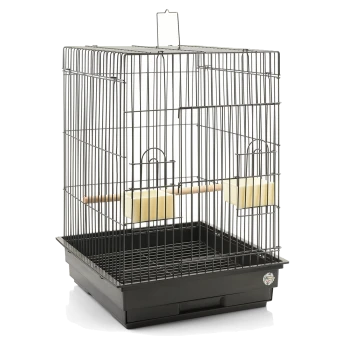 Ein schwarzes Drahtvogelkäfig mit einer Holzstange und zwei gelben Futter-/Wassernäpfen innen, ausgestattet mit einer abnehmbaren Bodenplatte für einfache Reinigung.