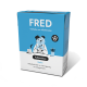 Karton mit FRED-Haustierfutter, das einen Cartoon-Hund im Laborkittel zeigt, beschriftet mit "Adipositas" und "Huhn", zur Förderung des Gewichtsmanagements.