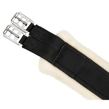 Schwarzes Haustiergeschirr mit doppelten Metallverschlüssen und einer weichen, flauschigen Fütterung für Komfort.