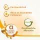 Anzeige für vegane Haustierprodukte, die Vorteile für Haut und Fell zeigt, reich an essentiellen Fettsäuren, mit "Linolensäure" und "Die pflanzliche Alternative."