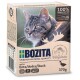 Verpackung für Katzenfutter mit einer Nahaufnahme des Gesichts einer Katze, beschriftet mit "BOZITA" und "100% tierisches Protein", "getreidefrei" und "Stücke in Gelee."