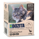 Verpackung für Katzenfutter mit einer Nahaufnahme des Gesichts einer Katze, beschriftet mit "BOZITA" und "100% tierisches Protein", "getreidefrei" und "Stücke in Gelee."