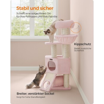 Ein rosa Katzenbaum mit zwei Katzen – eine klettert, eine spielt – mit einem gemütlichen Platz, Kratzpfosten und einem stabilen Sockel.
