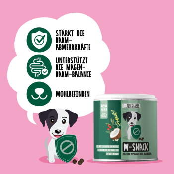 Ein grüner Hintergrund mit einem "W-Snack" Behälter, der Zutaten auflistet: Kürbiskerne, Katzenminze, Karotte, Oregano, Thymian, Kokosnuss, Salbei, Wermut.