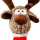 Curly plush reindeer dog toy with large eyes, brown nose, and red and white collar against white background.