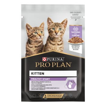 Paquet de nourriture pour chat Purina Pro Plan Kitten avec deux chatons tigrés joueurs, mettant l'accent sur "Départ Sain" et les avantages pour la vision et le développement du cerveau.