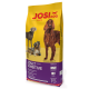 Hundefutterbeutel mit der Aufschrift "JOSI DOG" auf gelbem Hintergrund, mit drei Hunden und dem Text "ADULT SENSITIVE".