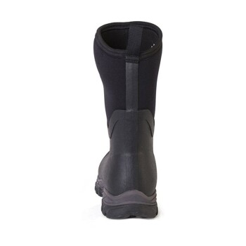 Schwarze wasserdichte Haustierstiefel mit einem Neopren-Obermaterial und Gummisohle, die die Rückansicht und eine Zuglasche für einfaches Anziehen zeigen.