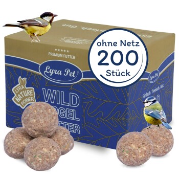 Gourmet-Vogelfutterbälle in einer Box, mit einem Etikett, das "Lyra Pet Vögelfutter Gourmet Meisenknödel Ohne Netz" liest, mit Bildern von Vögeln.