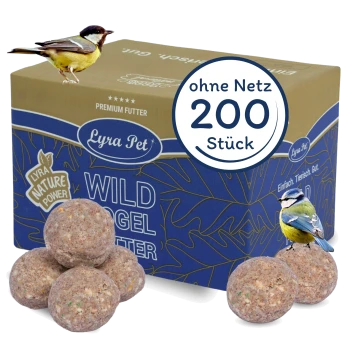Gourmet-Vogelfutterbälle in einer Box, mit einem Etikett, das "Lyra Pet Vögelfutter Gourmet Meisenknödel Ohne Netz" liest, mit Bildern von Vögeln.
