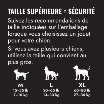 Infographie française 'TAILLE SUPÉRIEURE = SÉCURITÉ' montrant des silhouettes de chiens étiquetées M 15–35 lb, L 30–65 lb, XL 60–80 lb.