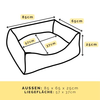 Skizze eines Haustierbetts mit Pfeilen und Beschriftungen; AUSSEN: 85 x 65 x 25 cm, LIEGEFLÄCHE: 57 x 37 cm.